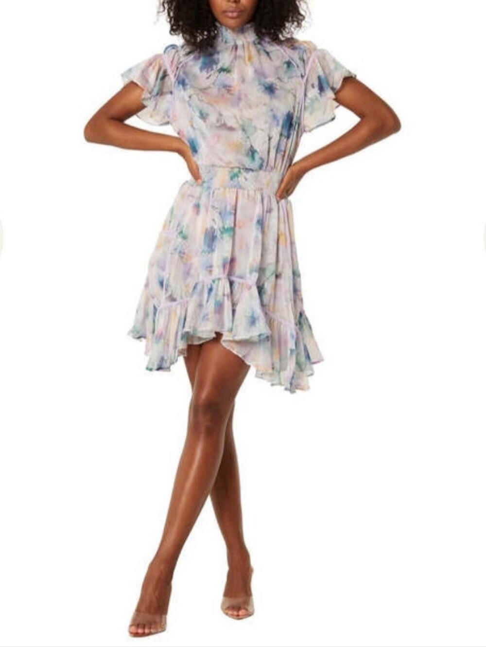 Misa Los Angeles Pastel Watercolor Ruffle High-Neck High-Low Dress